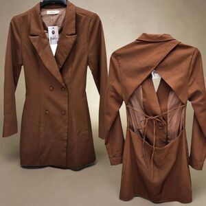 Molly Green Double Breasted Blazer Mini Dress Womens Medium Open Back Tie Brown